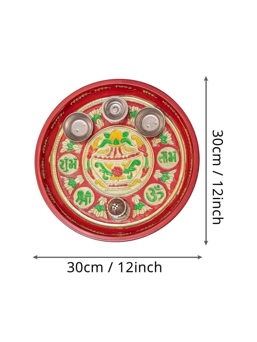 Tied Ribbons Red Printed Pooja Thali With Attached Incense Diya Tilak Holder | Swadesiicart