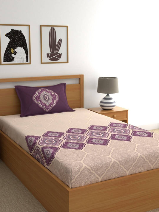 Dreamscape Purple & Cream-Coloured 144 TC Bedsheet with Pillow Covers - Swadesiicart