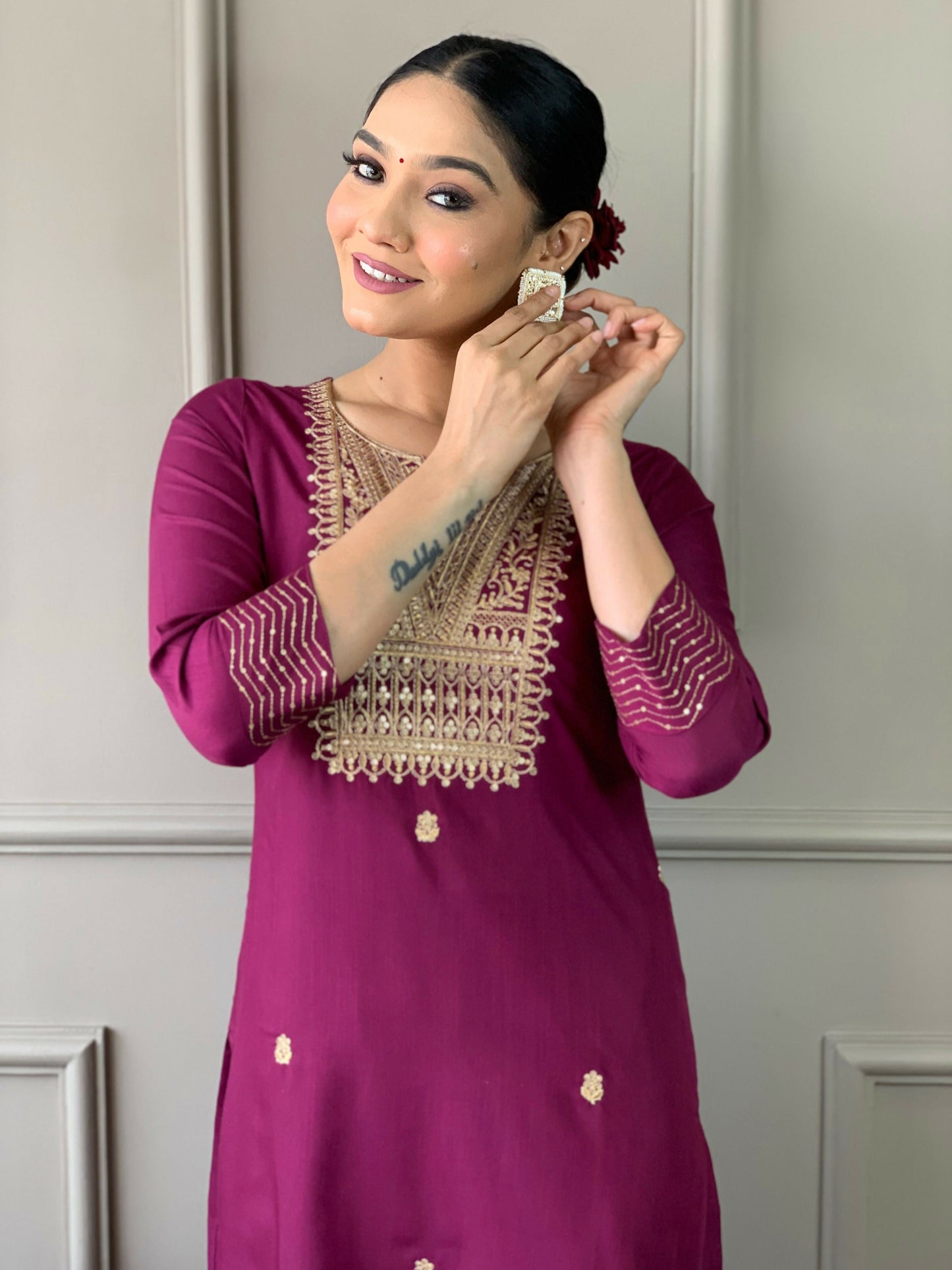 Partywear Designer Rayon Slub Wine Stitched Suit With Dupatta - Tanisha | Swadesiicart