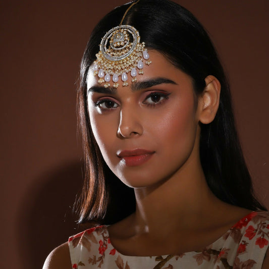 Kundan Chand Maang Tikka with Pearl Drops - Ruby Raang | Swadesiicart
