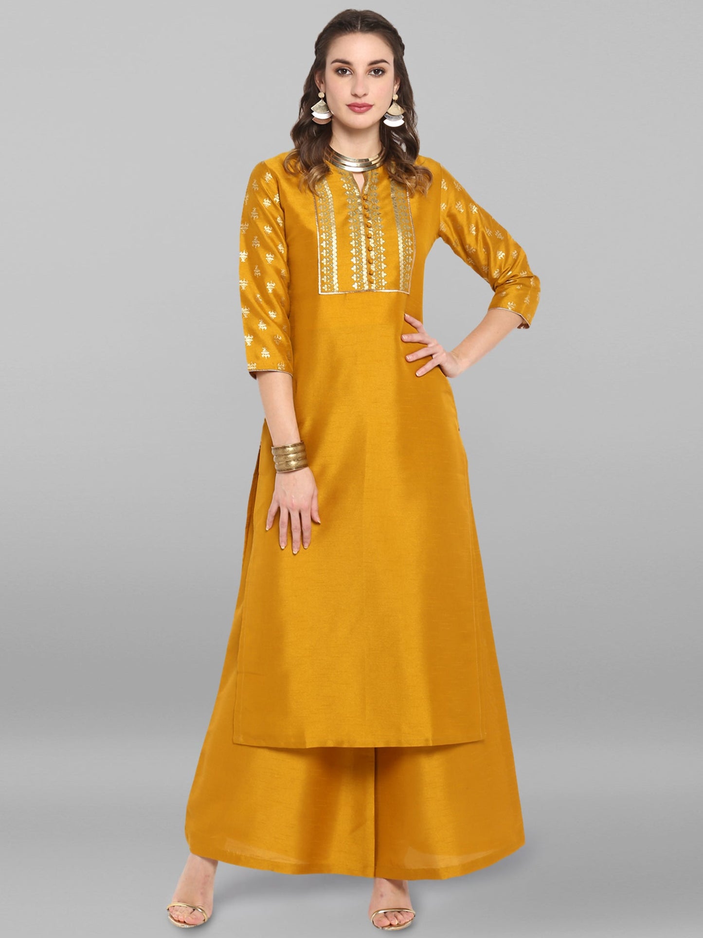 Janasya Mustard Poly Silk Foil Print Set - Swadesiicart