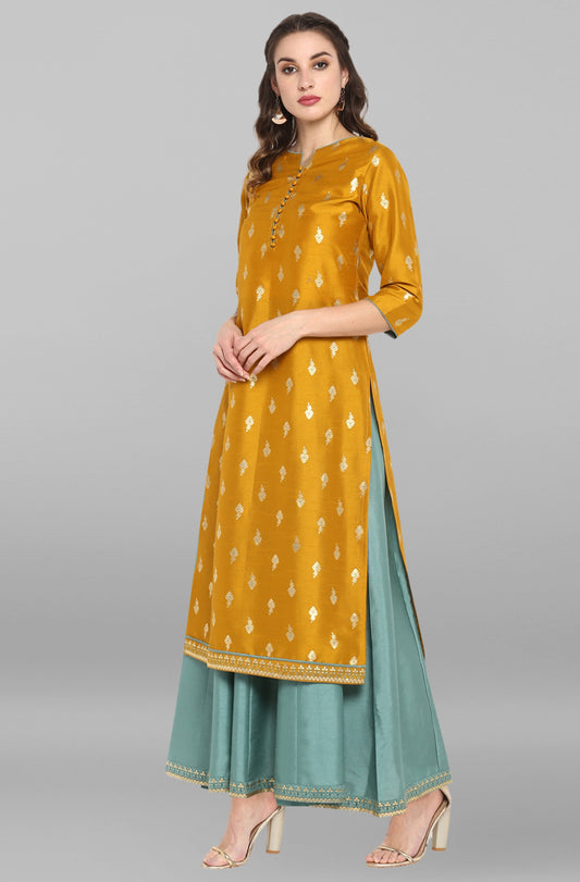 Janasya Light Green Poly Silk Gold Print Anarkali Ethnic Dress | Swadesiicart