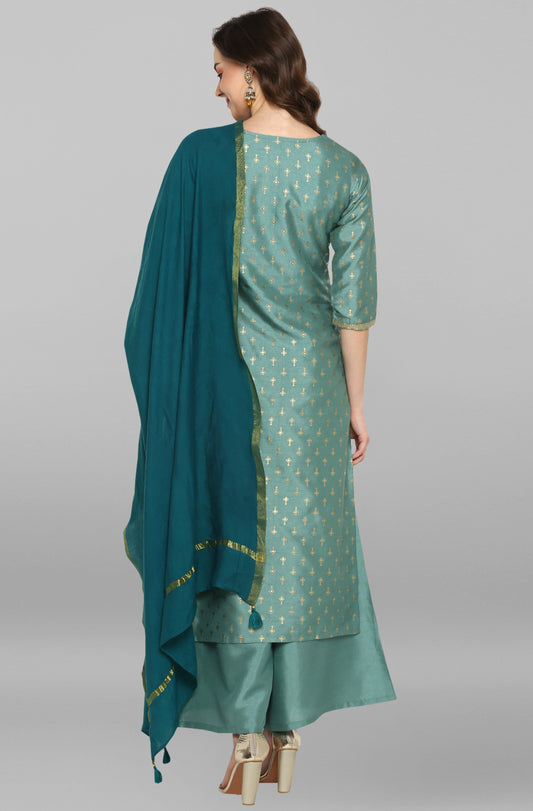 Janasya Women's Light Green Poly Silk Floral Print Kurta With Palazzo And Dupatta | Swadesiicart