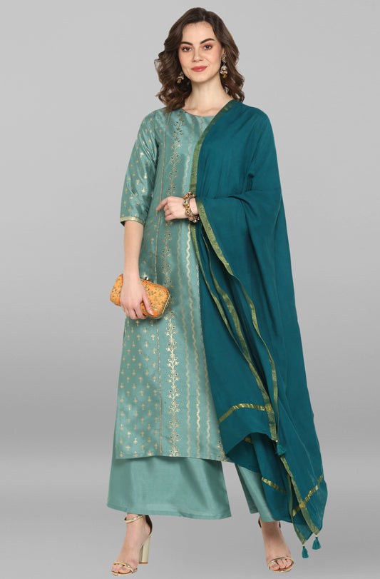 Janasya Women's Light Green Poly Silk Floral Print Kurta With Palazzo And Dupatta | Swadesiicart
