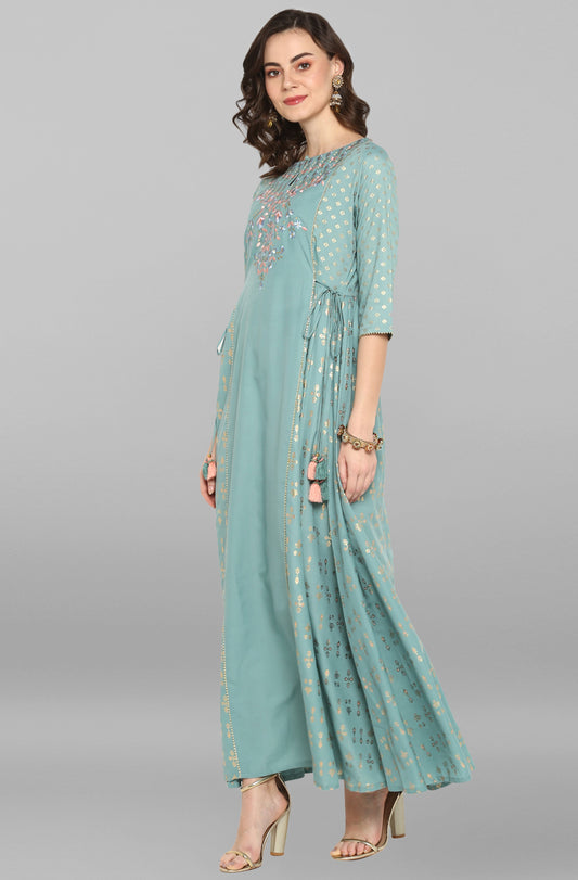 Janasya Women's Green Rayon Embroidered Flared Ethnic Dress | Swadesiicart