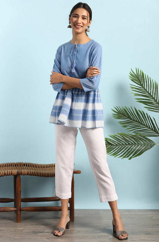 Janasya Women's Blue Cotton Striped Empire Top | Swadesiicart