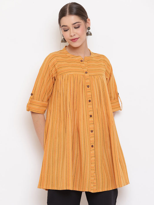 Janasya Women's Mustard Cotton Woven Design Gathered Tunic | Swadesiicart