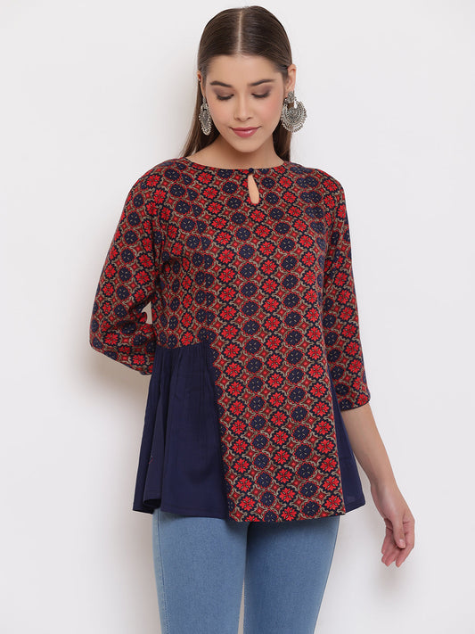 Janasya Women's Blue Rayon Ajrakh Gathered Top | Swadesiicart