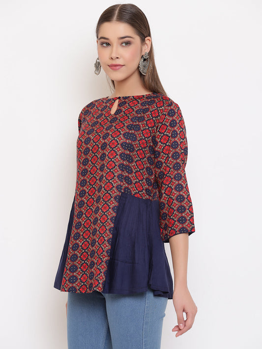 Janasya Women's Blue Rayon Ajrakh Gathered Top | Swadesiicart