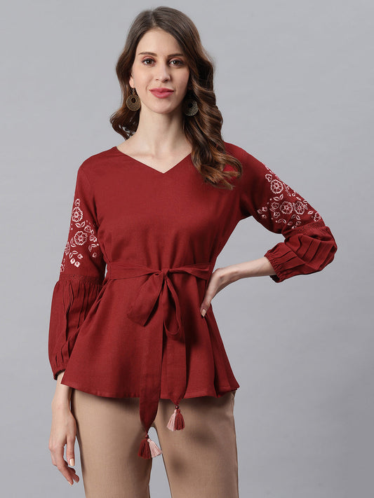 Janasya Women's Maroon Cotton Flex Embroidered A-Line Top | Swadesiicart