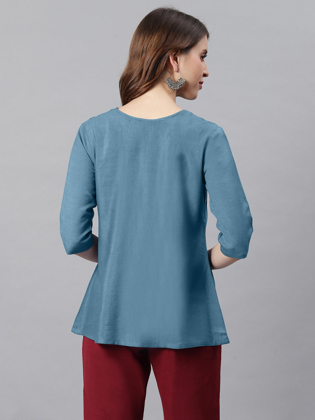 Janasya Women's Blue Cotton Flex Embroidered Gathered Top | Swadesiicart