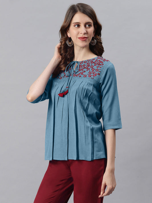 Janasya Women's Blue Cotton Flex Embroidered Gathered Top | Swadesiicart