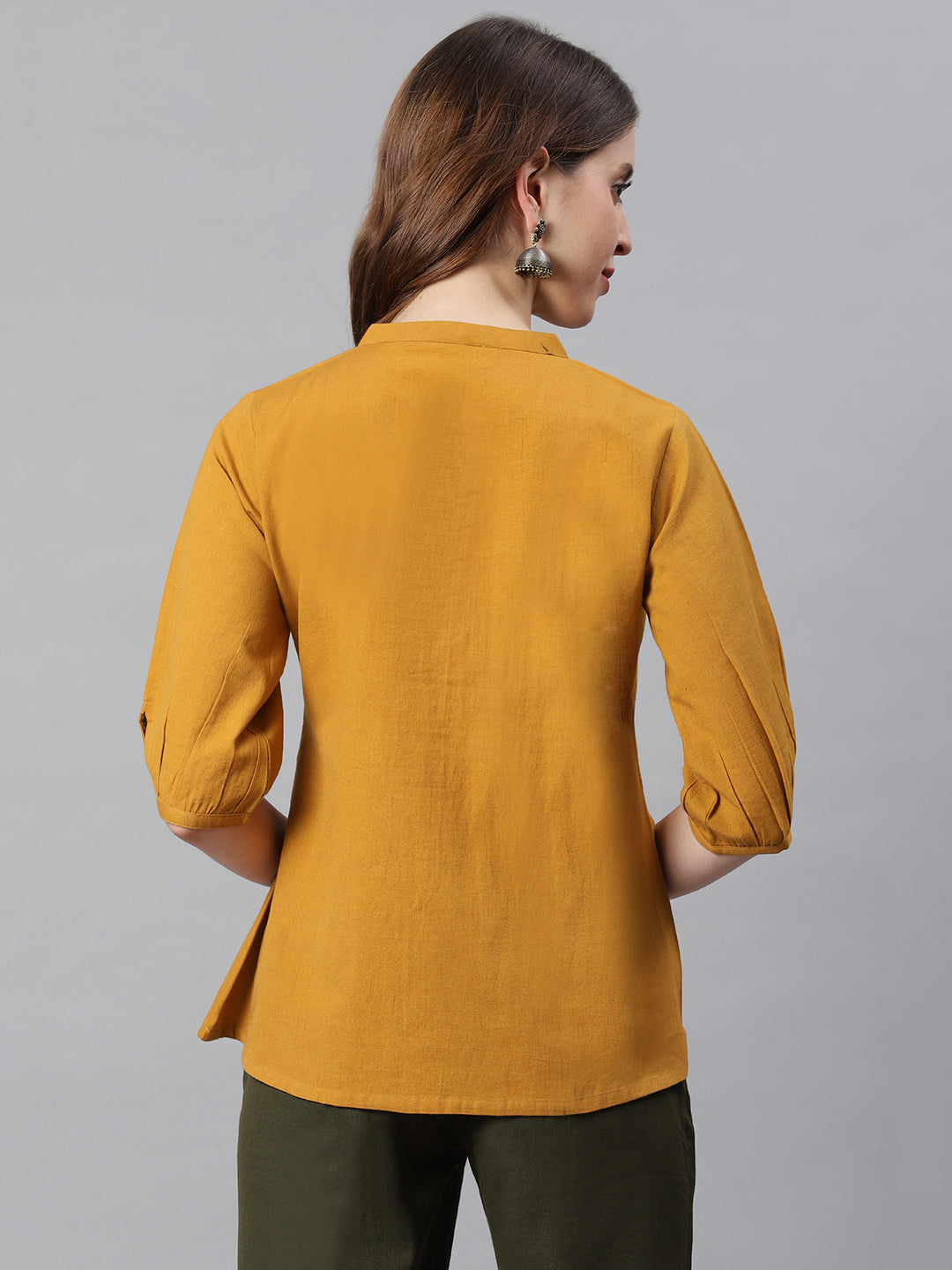 Janasya Women's Mustard Cotton Flex Embroidered A-Line Top | Swadesiicart