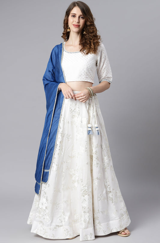 Janasya Women's White Poly Silk Floral Print Lehenga Choli With Dupatta | Swadesiicart