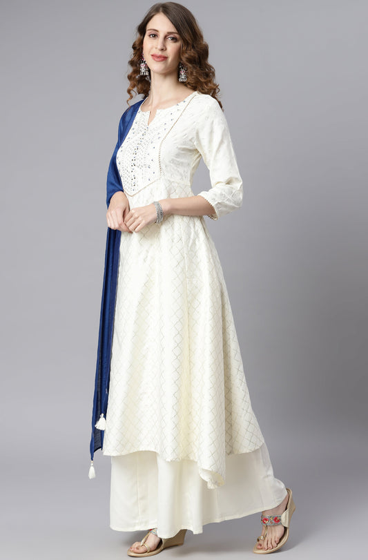 Janasya Women's Off- White Poly Silk Ethnic Motifs Kurta With Palazzo And Dupatta | Swadesiicart