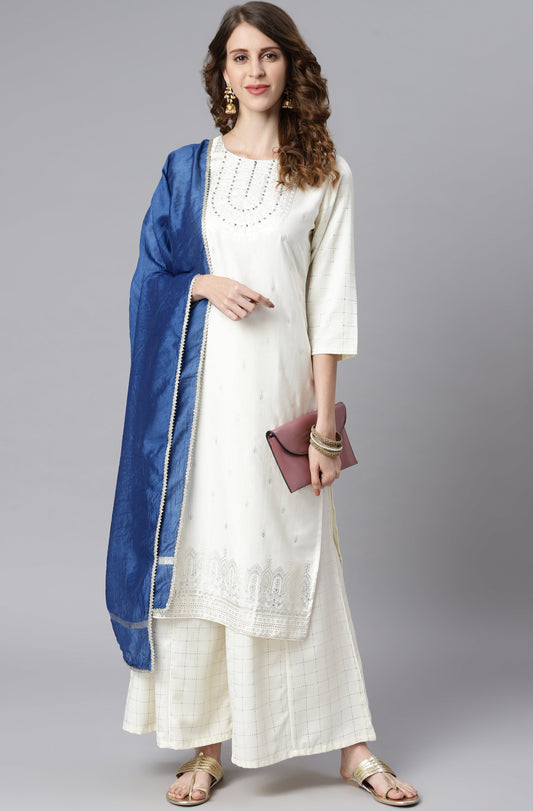 Janasya Women's Off- White Poly Silk Ethnic Motifs Kurta With Palazzo And Dupatta | Swadesiicart
