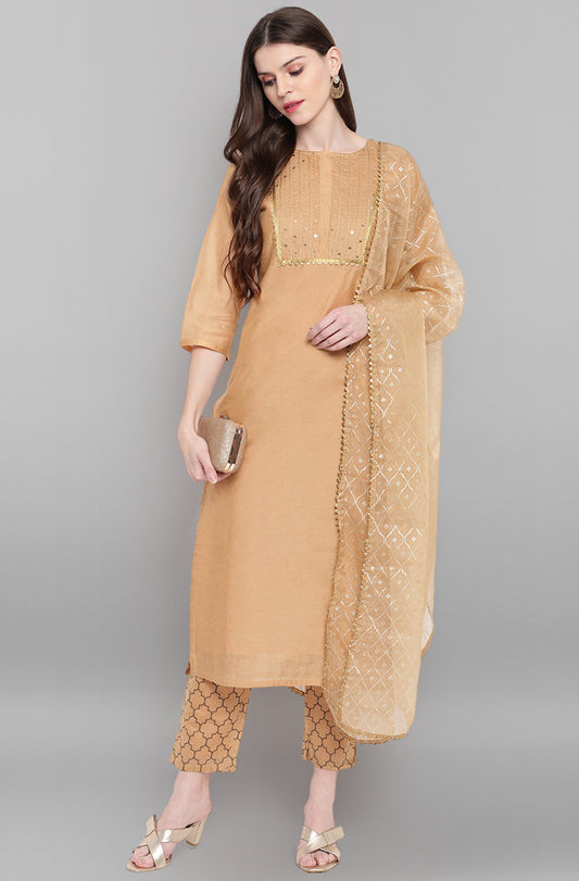 Janasya Women's Gold Poly Chanderi Embellished Kurta With Pant And Dupatta | Swadesiicart