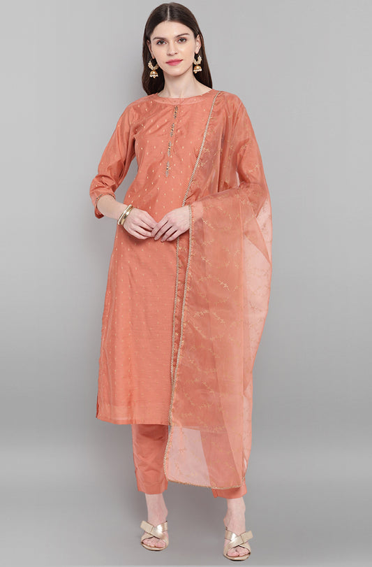 Janasya Women's Rose Gold Poly Muslin Embroidered Kurta With Pant And Dupatta | Swadesiicart