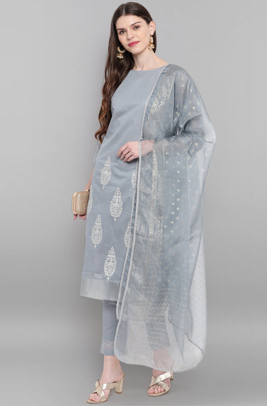 Janasya Women's Grey Poly Chanderi Ethnic Motifs Kurta With Pant And Dupatta | Swadesiicart