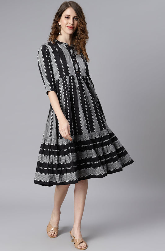 Indian Clothing Janasya Women's Black Cotton Striped Flared Western Dress | Swadesiicart