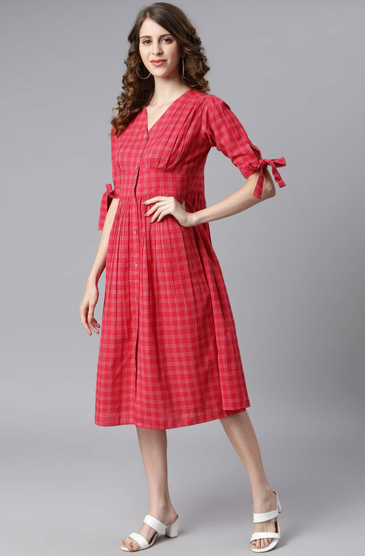 Janasya Women's Red Cotton Checkered Flared Western Dress | Swadesiicart