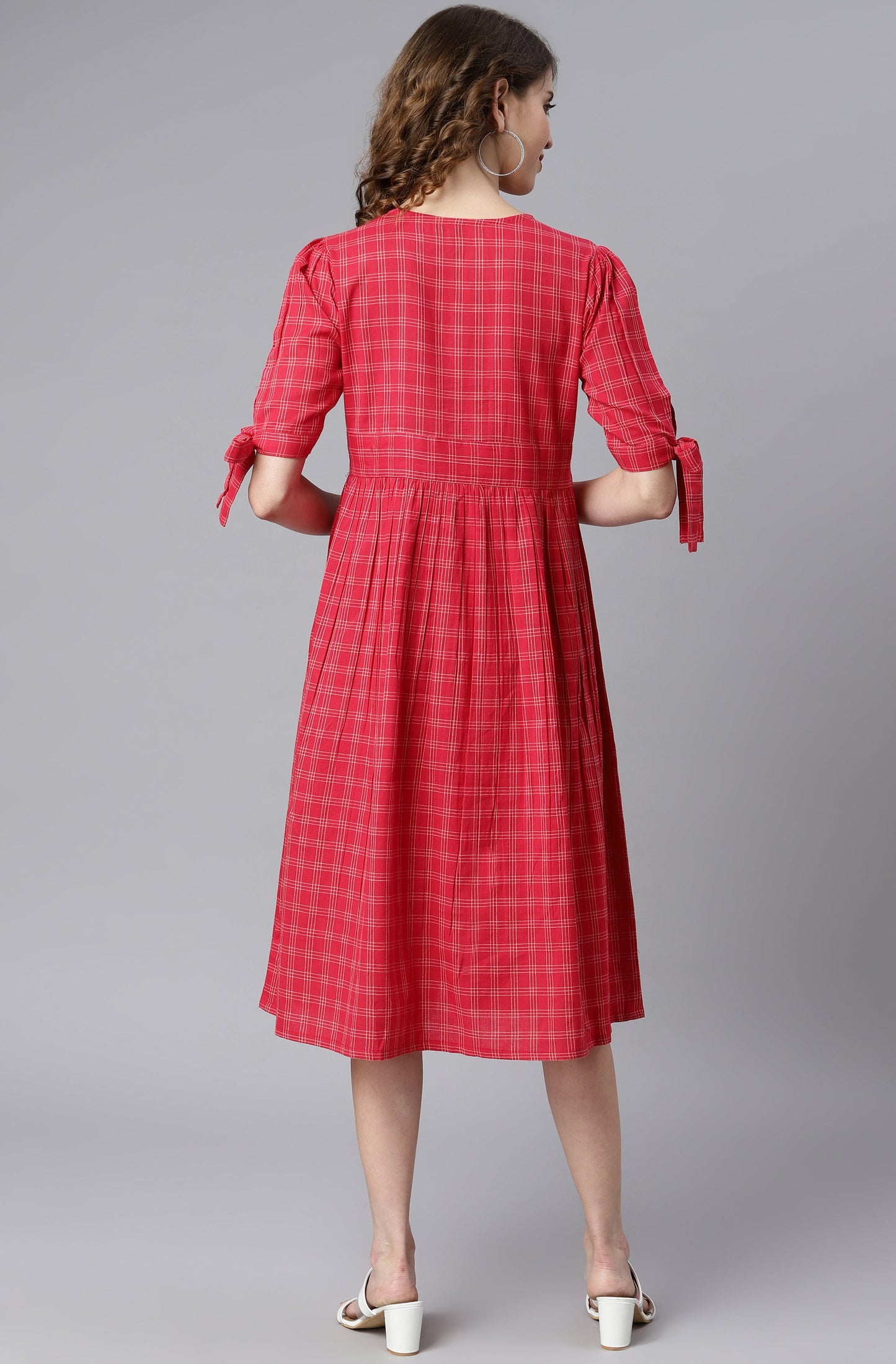Janasya Women's Red Cotton Checkered Flared Western Dress | Swadesiicart