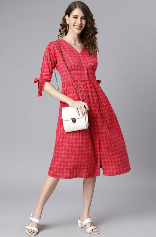 Janasya Women's Red Cotton Checkered Flared Western Dress | Swadesiicart