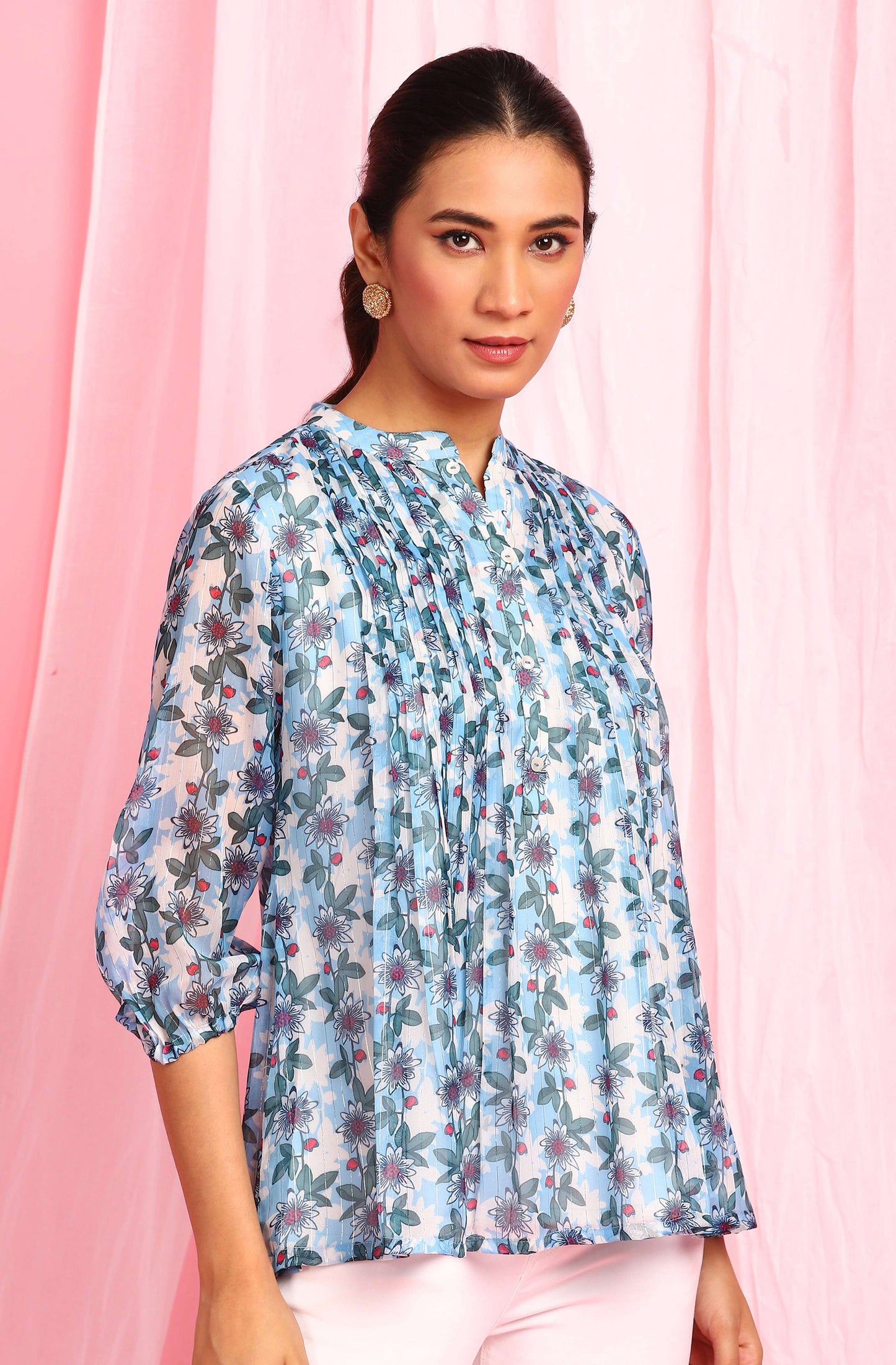 Janasya Women's Blue Poly Georgette Floral Print Pleated Top | Swadesiicart