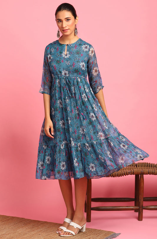 Janasya Blue Poly Georgette Floral Flared Western Dress | Swadesiicart