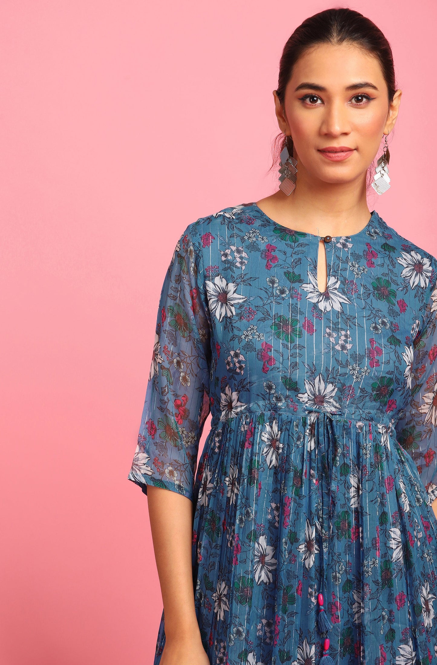 Janasya Blue Poly Georgette Floral Flared Western Dress | Swadesiicart