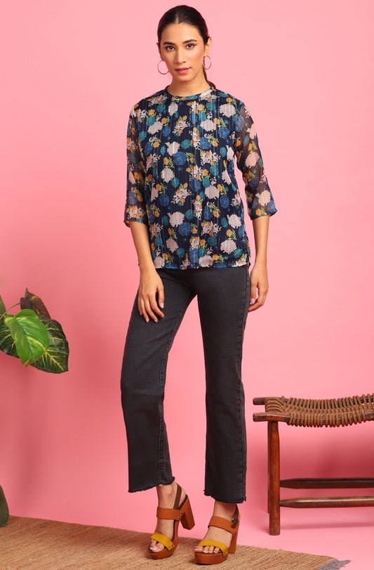 Janasya Women's Navy Blue Poly Georgette Floral Print Regular Top | Swadesiicart