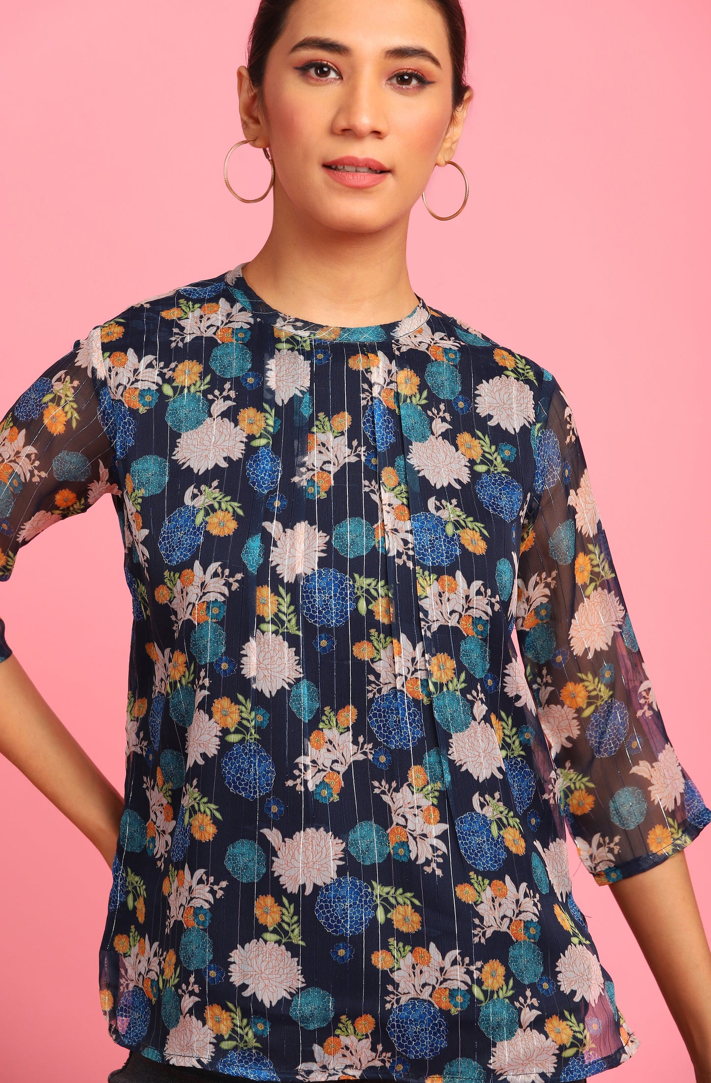 Janasya Women's Navy Blue Poly Georgette Floral Print Regular Top | Swadesiicart