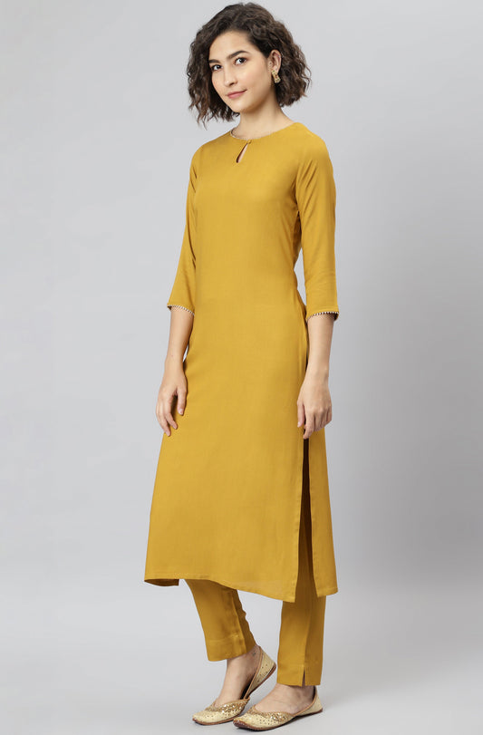 Janasya Women's Mustard Rayon Solid Kurta With Pant And Dupatta | Swadesiicart