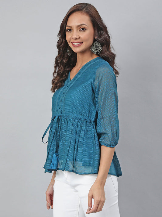 Janasya Women's Teal Kota Doria Solid Gathered Top | Swadesiicart