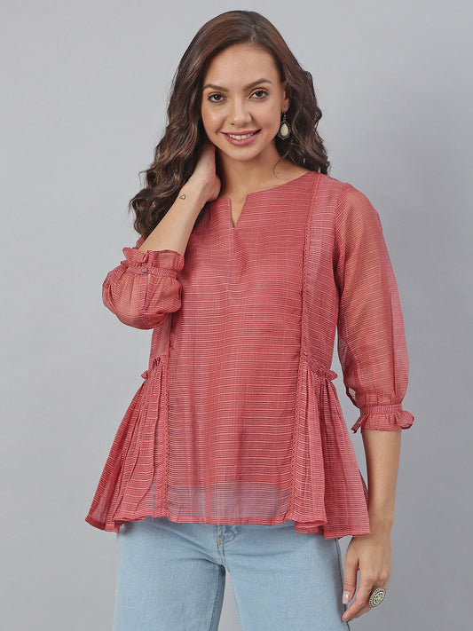 Janasya Women's Old Rose Kota Doria Solid Panelled Top | Swadesiicart