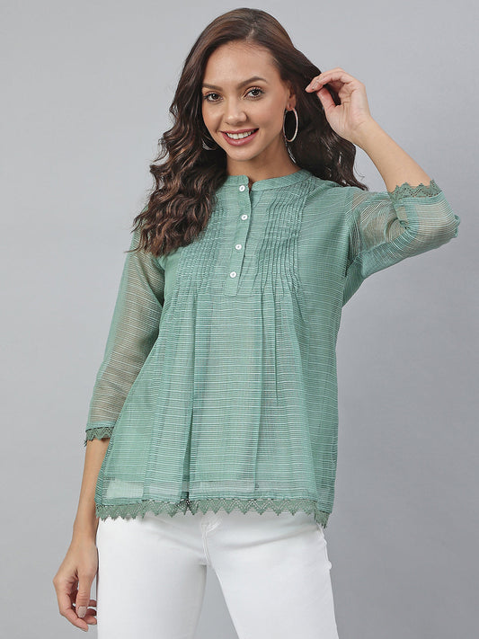 Janasya Women's Green Kota Doria Embellished Regular Top | Swadesiicart