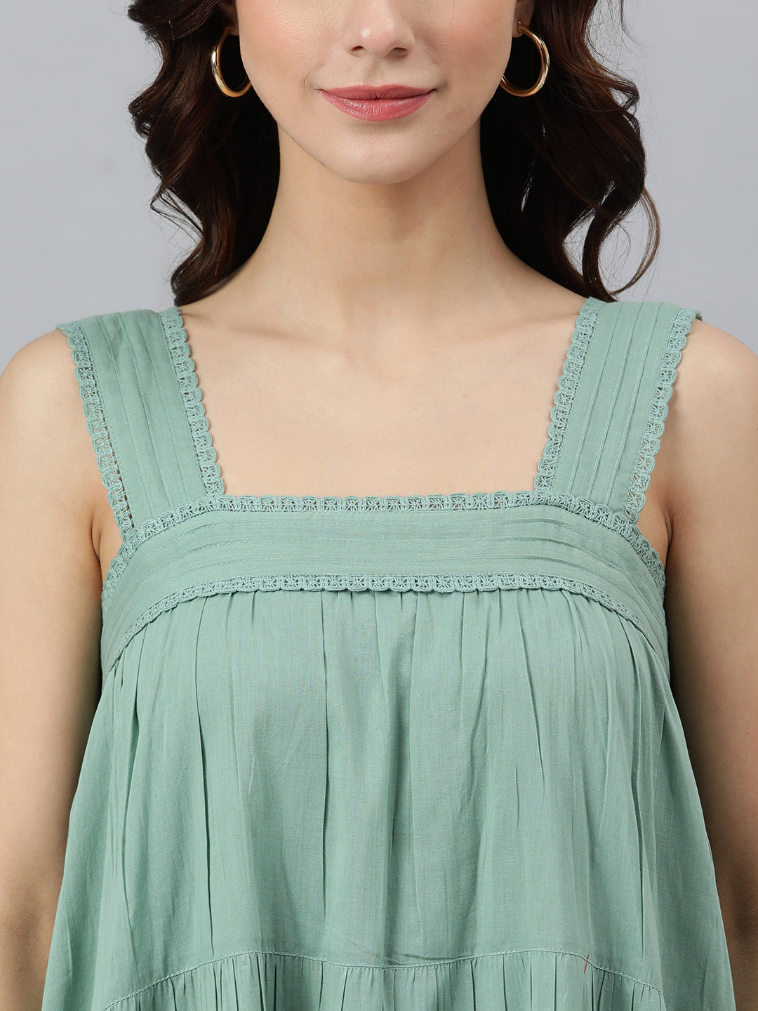 Janasya Women's Mint Green Cotton Solid Flared Western Dress | Swadesiicart
