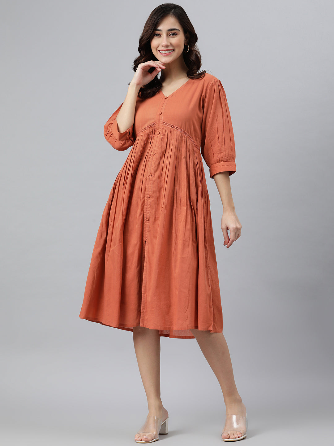 Janasya Women's Coral Orange Cotton Solid Flared Western Dress | Swadesiicart