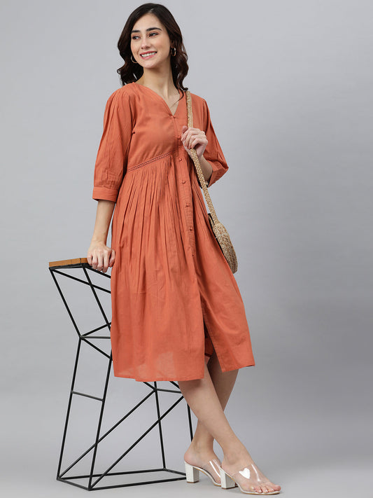 Janasya Women's Coral Orange Cotton Solid Flared Western Dress | Swadesiicart