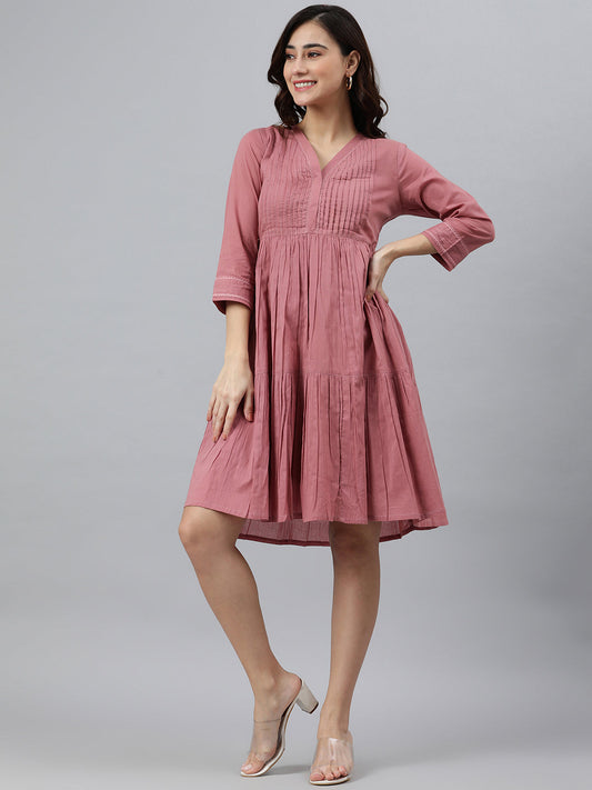 Janasya Women's Coral Pink Cotton Solid Flared Western Dress | Swadesiicart