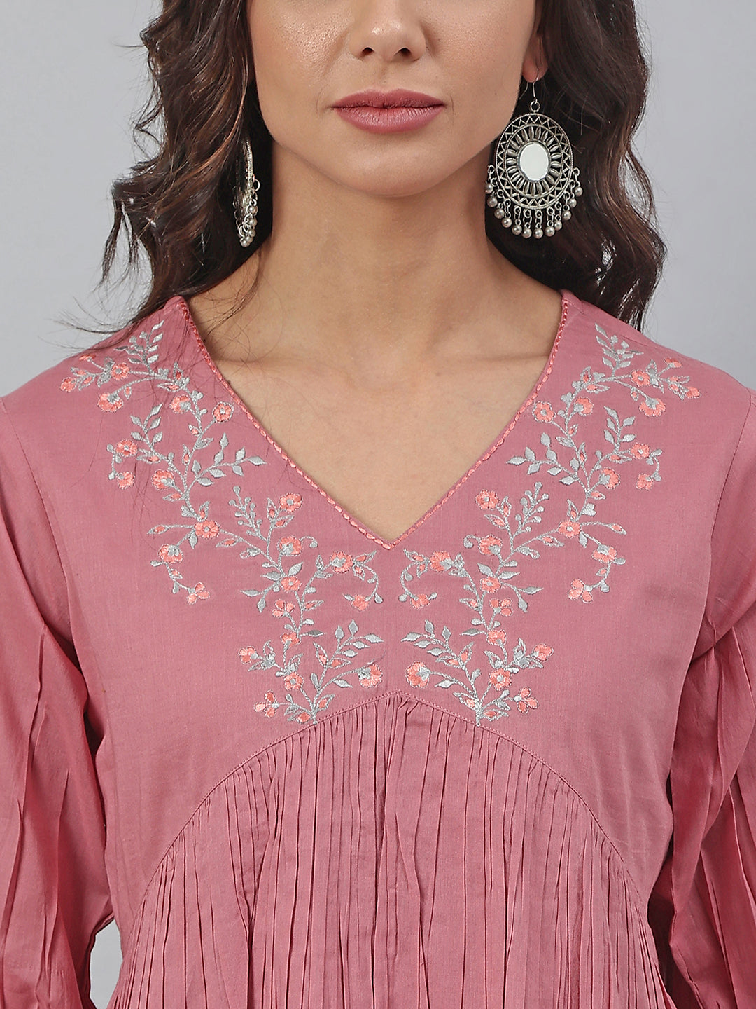 Janasya Women's Pink Cotton Embroidered Fit and Flared Top | Swadesiicart
