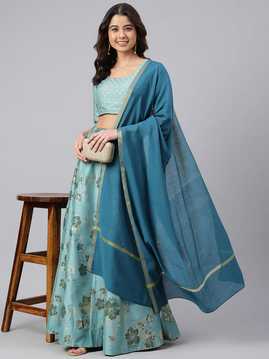 Janasya Women's Sea Green Poly Silk Gold Print Lehenga Choli With Dupatta | Swadesiicart