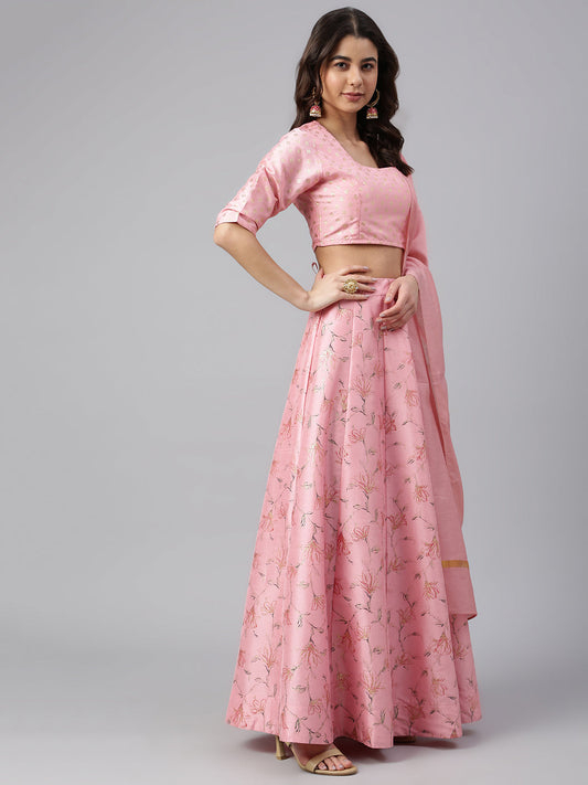 Janasya Women's Pink Poly Silk Gold Print Lehenga Choli With Dupatta | Swadesiicart