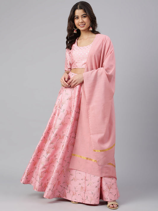 Janasya Women's Pink Poly Silk Gold Print Lehenga Choli With Dupatta | Swadesiicart