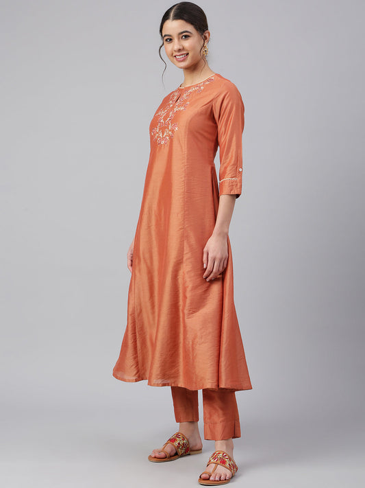 Janasya Women's Rust Orange Poly Silk Embroidered Kurta With Pant | Swadesiicart