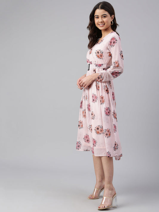 Janasya Women's Peach Georgette Floral Printed Flared Western Dress | Swadesiicart
