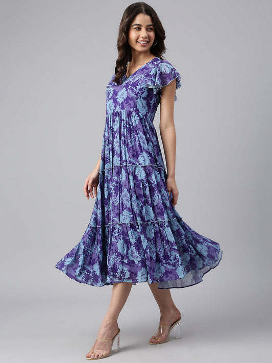 Janasya Women's Blue Georgette Printed Flared Western Dress | Swadesiicart