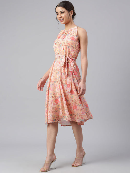 Janasya Women's Peach Georgette Floral Printed A-line Western Dress | Swadesiicart