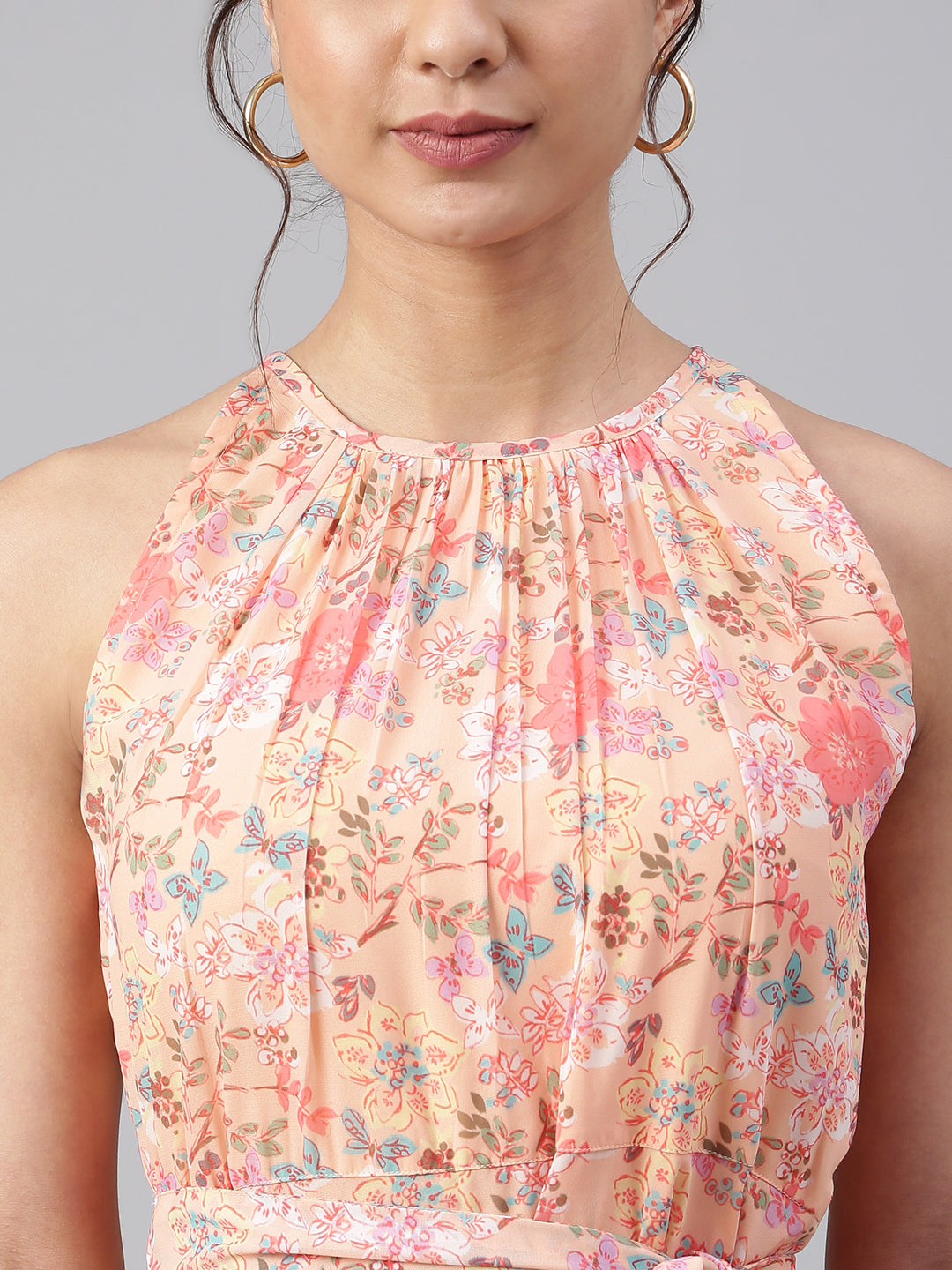 Janasya Women's Peach Georgette Floral Printed A-line Western Dress | Swadesiicart