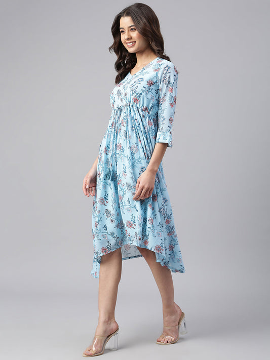 Janasya Women's Sky Blue Georgette Floral Printed Asymmetric Western Dress | Swadesiicart